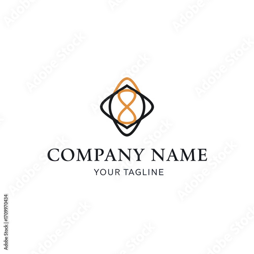 Elegant abstract logo design featuring intertwined lines forming a stylized eight within a geometric shape.