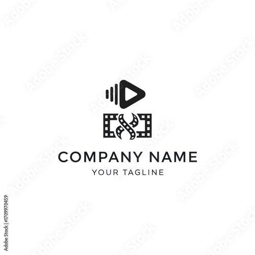 Modern logo design featuring film reel and play button, symbolizing media production.