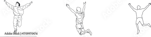 The modern illustration shows a happy man jumping up and raising his hands, created in a continuous line drawing technique