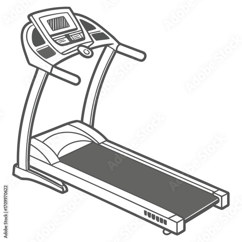 Vector illustration of fitness equipment including a running machine, weight scale, and other tools for business and technology