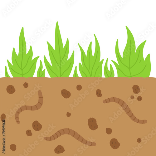 Soil cross section with worms and grass. Hand drawn brown earth with worm animals. Fishing bait. Green grass. Flat cartoon illustration