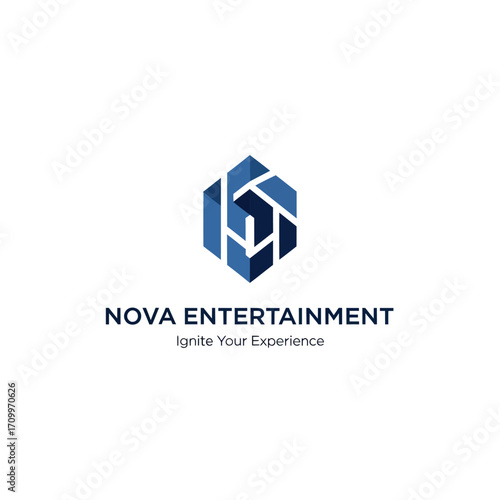 A modern, abstract hexagonal logo in shades of blue, representing "Nova Entertainment" with the tagline "Ignite Your Experience.".