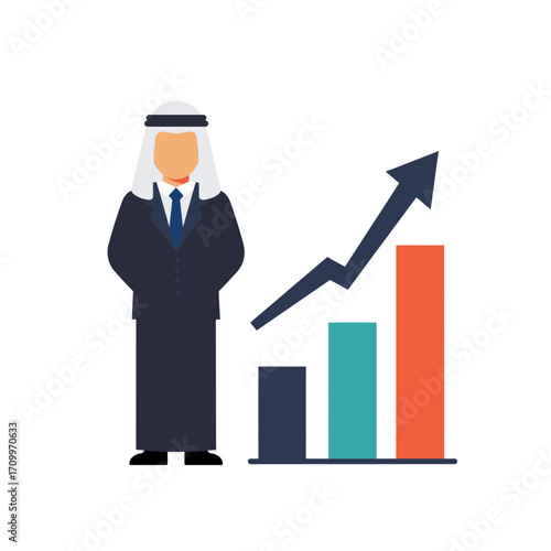 An illustration of a businessman in traditional attire with a rising graph.