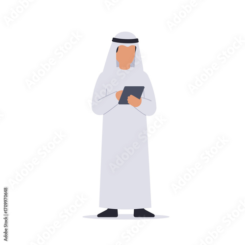 A man in traditional Arab clothing is depicted holding and using a tablet device.