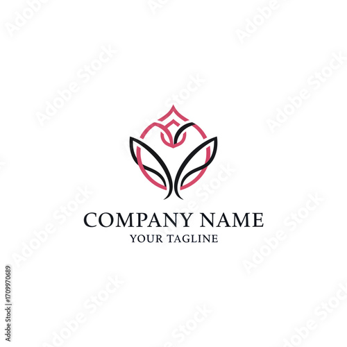 Abstract elegant logo design featuring stylized petals or leaves forming a heart shape within a circle, with text placeholders.