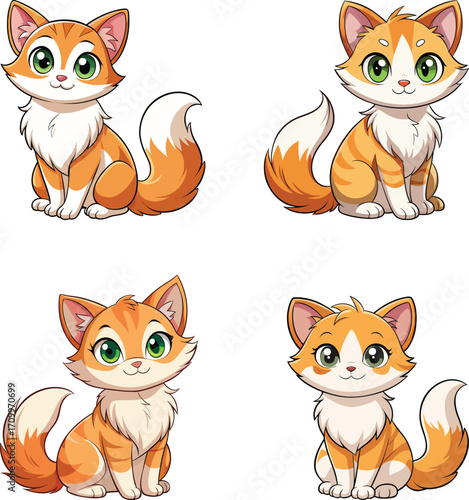 Four adorable cartoon ginger kittens with big eyes, showcasing their playful and endearing nature in a charming composition