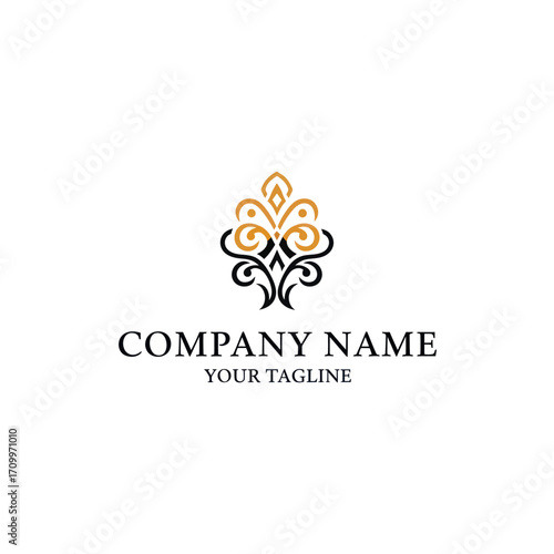 Elegant gold and black floral logo design for a company.
