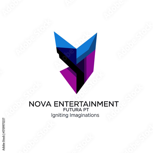 A vibrant, abstract geometric logo featuring sharp angles and a gradient of blue, purple, and black, representing "Nova Entertainment Futura PT" with the tag...