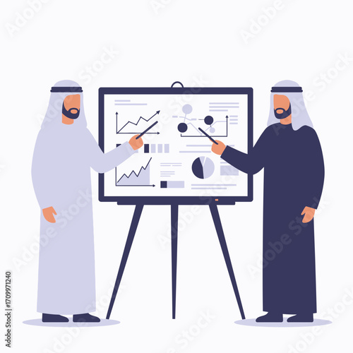 Two Arab men in traditional clothing present charts and graphs on a stand, pointing with pointers.
