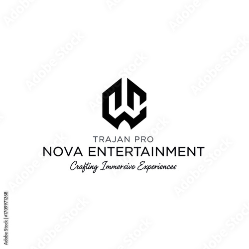 A modern, minimalist logo design featuring a stylized hexagonal emblem above company name "TRAJAN PRO NOVA ENTERTAINMENT" and tagline "Crafting Immersive Experiences".