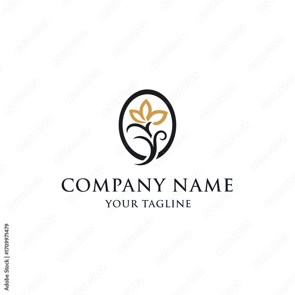Fototapeta premium Elegant floral logo design featuring a stylized flower within an oval frame, suitable for branding.
