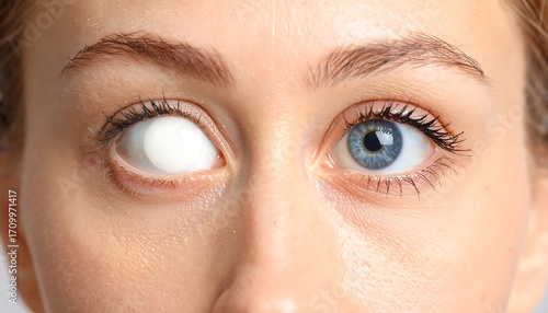 Woman with one eye looking off-center