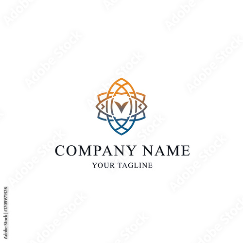 Abstract logo design featuring an intricate geometric pattern with orange and blue gradient, centered above placeholder company name and tagline.