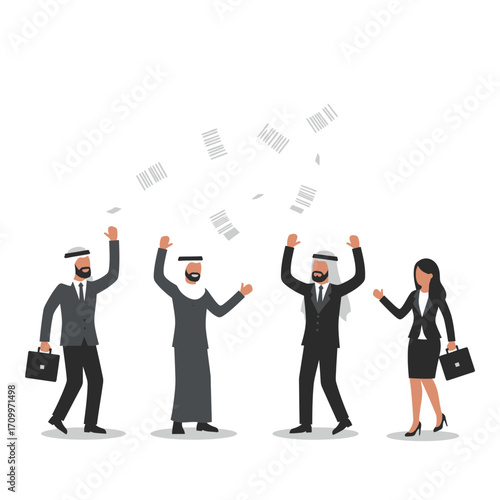 Four business people, including three men in traditional Arab clothing, celebrate by throwing papers in the air.