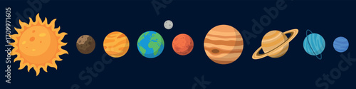 Collection of Solar System Planets and the Sun in a row. Planets in Space
