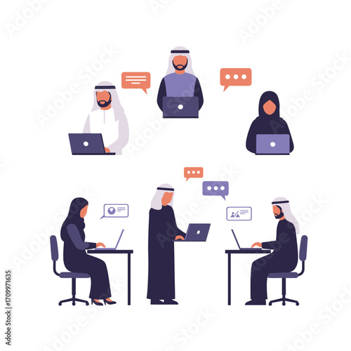 Group of Middle Eastern people communicating online using laptops, with speech bubbles indicating conversation.