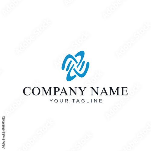 Abstract blue interconnected logo design for a company, featuring a stylized symbol and tagline.