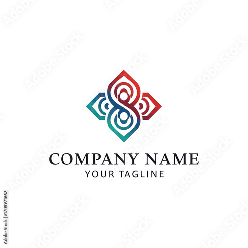 Abstract logo design featuring an intertwined, colorful, geometric pattern within a square frame.