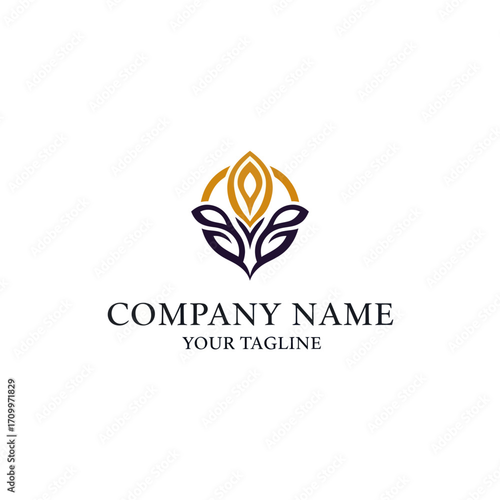 Fototapeta premium An elegant, symmetrical logo featuring a stylized golden flower bud and dark blue leaves within a circular frame, perfect for a luxury brand.