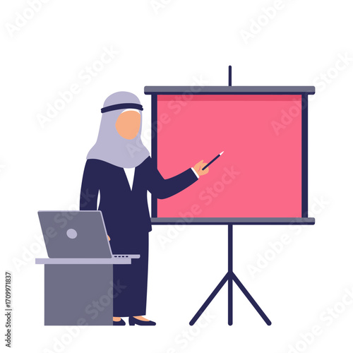 Arabic woman in hijab presenting with a pointer next to a screen and laptop.