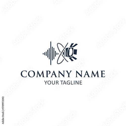 Abstract logo design featuring sound waves, orbiting lines, and a film clapperboard, suitable for a media or production company.