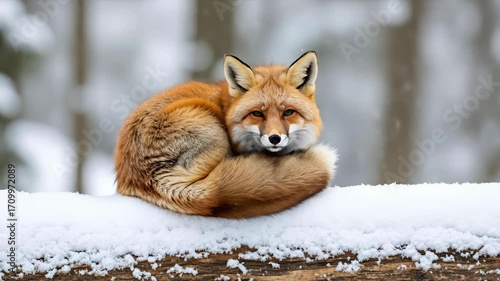 Red fox sleeping curled up on snow covered log in winter forest. wildlife animal in nature. cold season survival concept