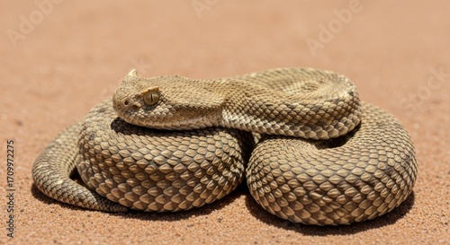 Horned viper coiled, sandy scales visible, on tan surface, vigilant expression