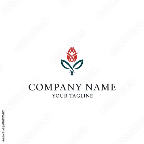 Free Download Elegant logo design featuring a stylized red rose bud with symmetrical green leaves above placeholder text. - GFXLoad