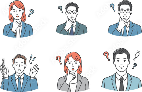 Diverse business professionals expressing confusion and seeking answers with question marks above heads
