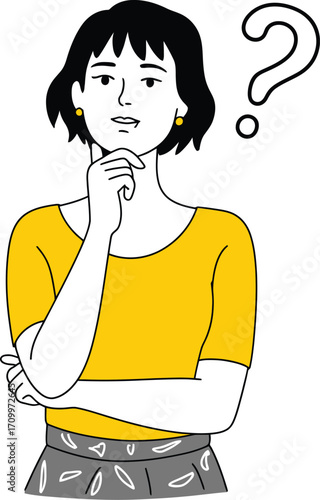 Thoughtful woman pondering a question with a large question mark symbol above her head