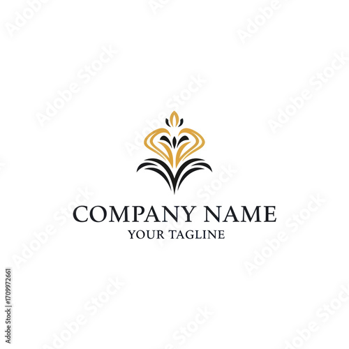 An elegant logo template featuring a symmetrical gold and black abstract floral or crown-like symbol.