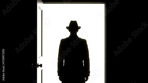 A mysterious figure, clad in a fedora and suit, is silhouetted against a bright threshold, symbolizing secrets, intrigue, and a profound journey into the unknown