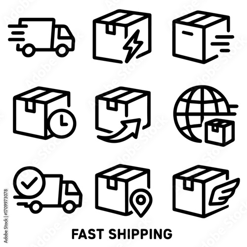 Fast Shipping Icon Set Delivery Truck Packages Global Logistics Symbols.