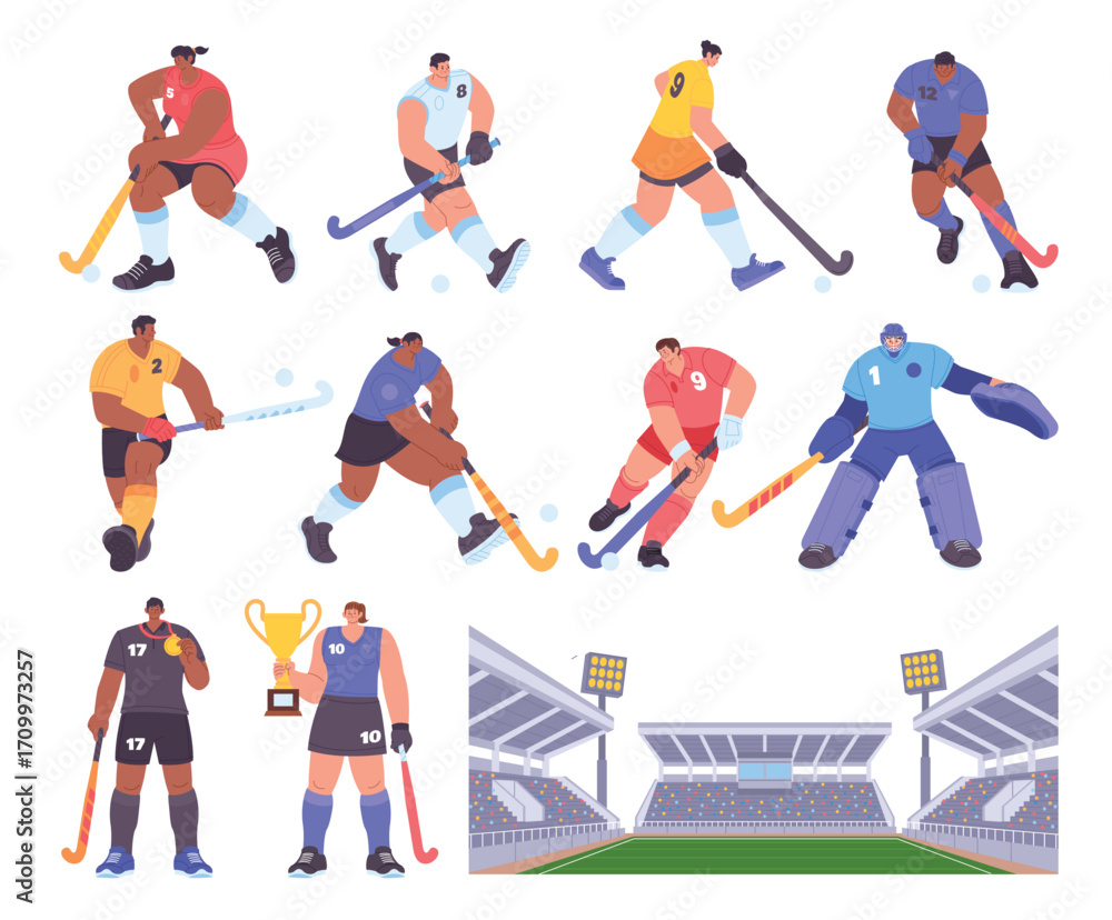 Fototapeta premium Hand Drawn Modern Cartoon of Field Hockey Element Collection