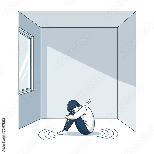 Distressed person huddled in an empty room