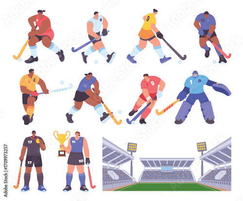 Hand Drawn Modern Cartoon of Field Hockey Element Collection