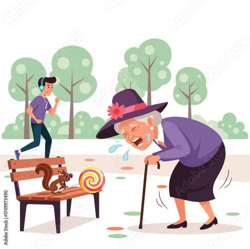 Crying elderly woman with squirrel and jogger in park