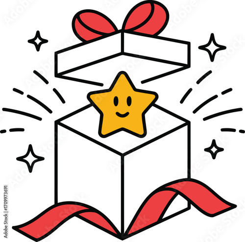 Joyful yellow star character pops out of an open gift box with red ribbon and sparkles