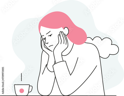 Woman feeling stressed and overwhelmed, resting head on hands near a cup of coffee