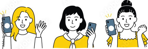 Smiling women holding smartphones, waving and celebrating success, engaging with digital content