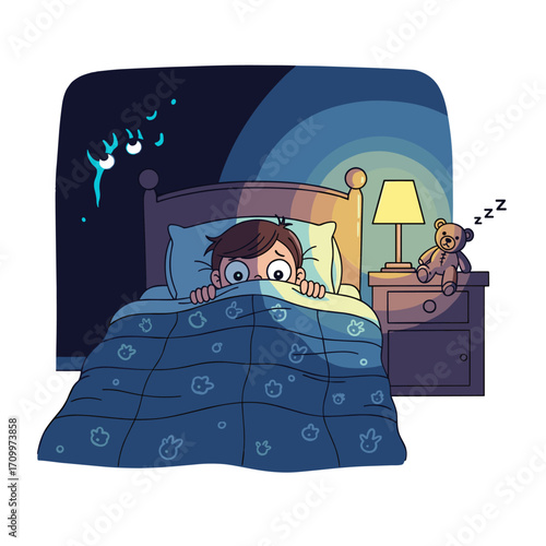 Scared boy hiding in bed at night
