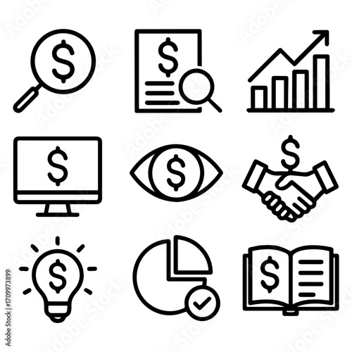 Financial Icons Set Dollar Sign Chart Handshake Lightbulb and Open Book.