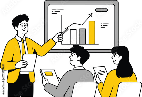 Confident presenter leads engaging business meeting showcasing positive growth charts and audience engagement