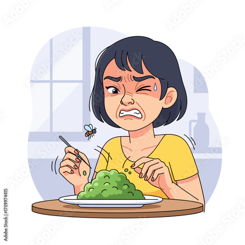 Woman disgusted by fly and contaminated food