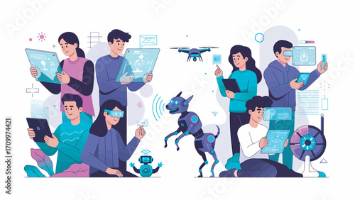 People interacting with various futuristic technologies in a modern office environment, showcasing innovation and connectivity in the digital age.