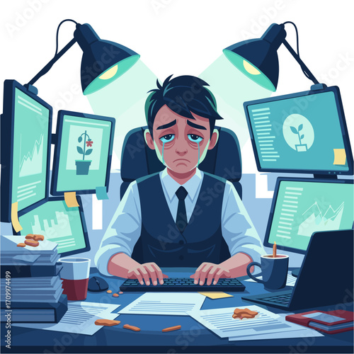 Tired businessman crying at desk with computers