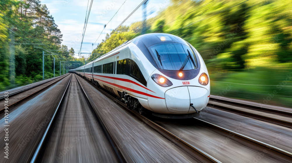 Fototapeta premium High speed train traveling through lush countryside, showcasing speed and modern design