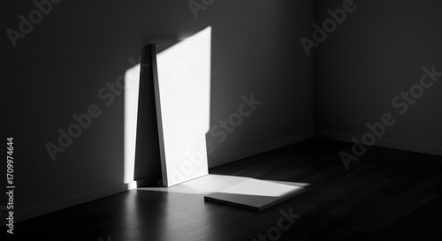 An abstract black and white composition showing stark geometric light and deep shadow in a minimalist empty room corner, a conceptual background with blank copy space