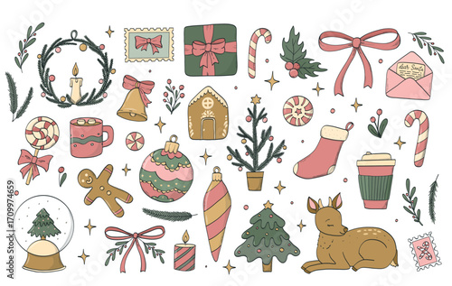 Christmas doodles collection isolated on white background for prints, cards, stickers, posters, social media, planners, logos, etc. EPS 10