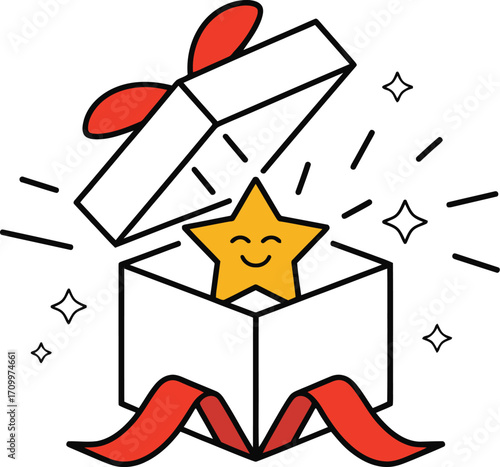 Surprise gift box reveals a happy glowing star bursting with joy and celebration